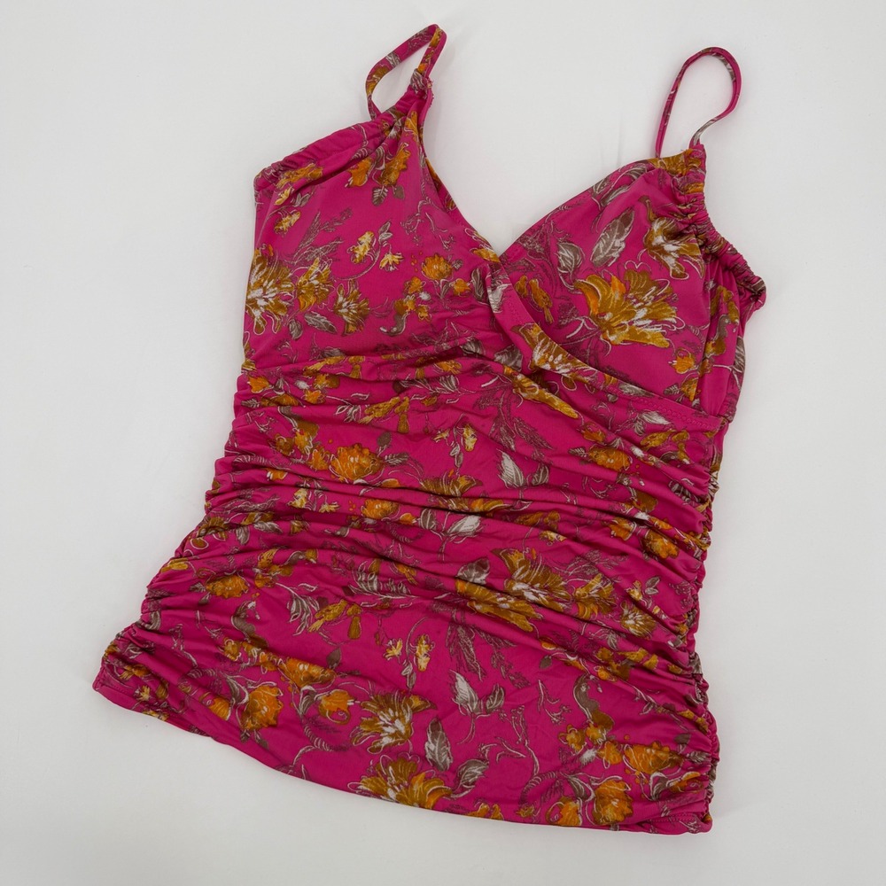 Garnet Hill Pink Floral Ruched Surplice Tankini Swim Top Size 10 Botanical Beach